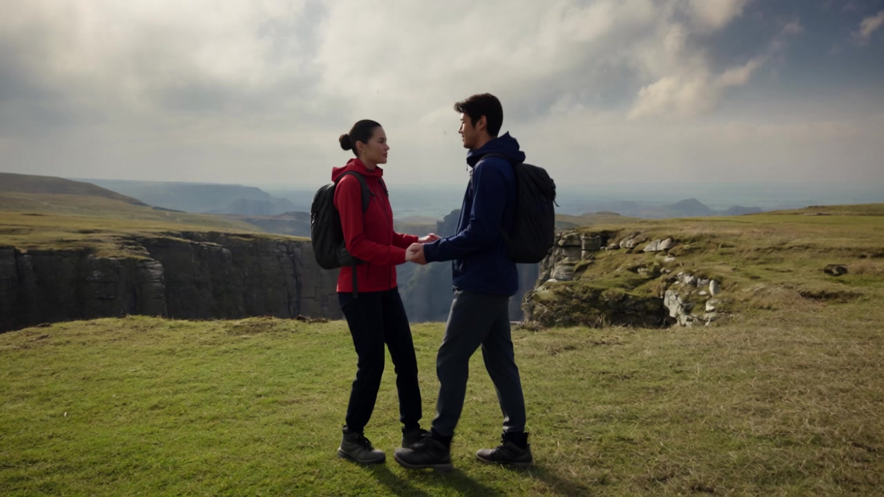 Two hikers meet by a cliff