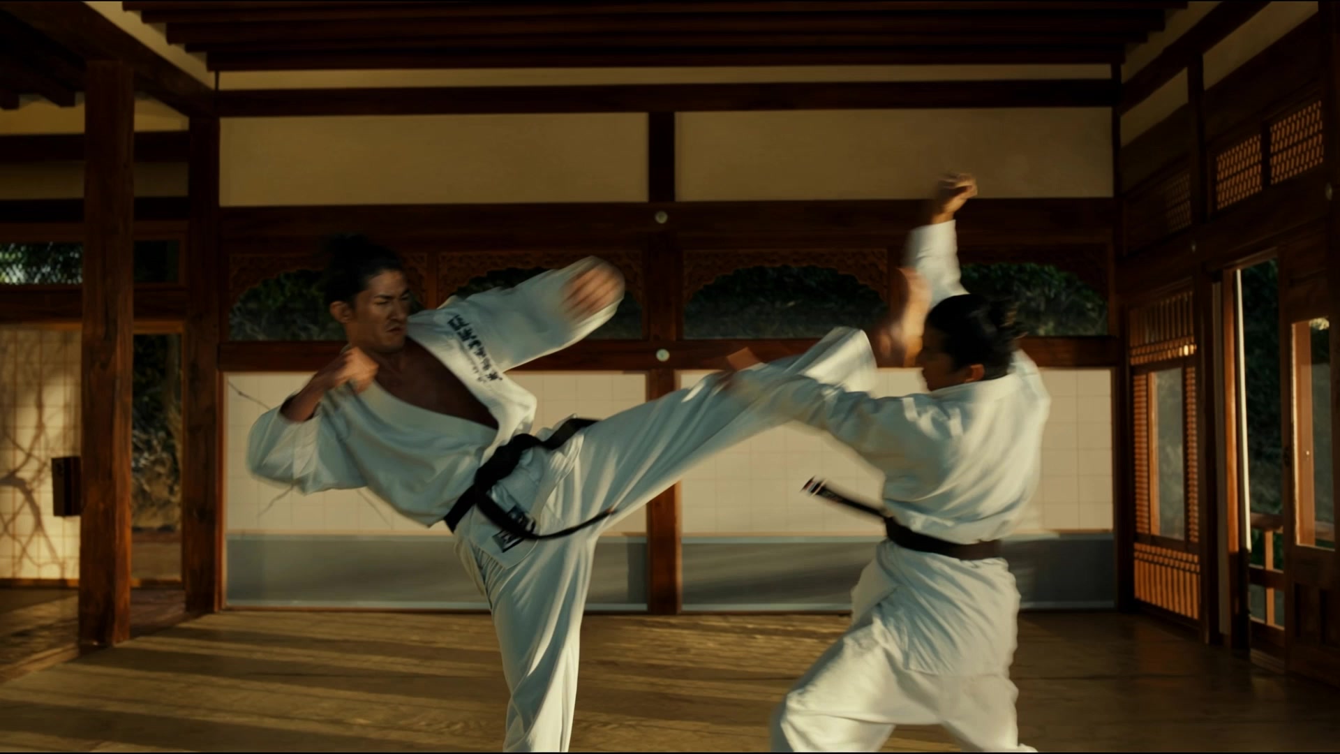 Two martial artists spar inside a dojo