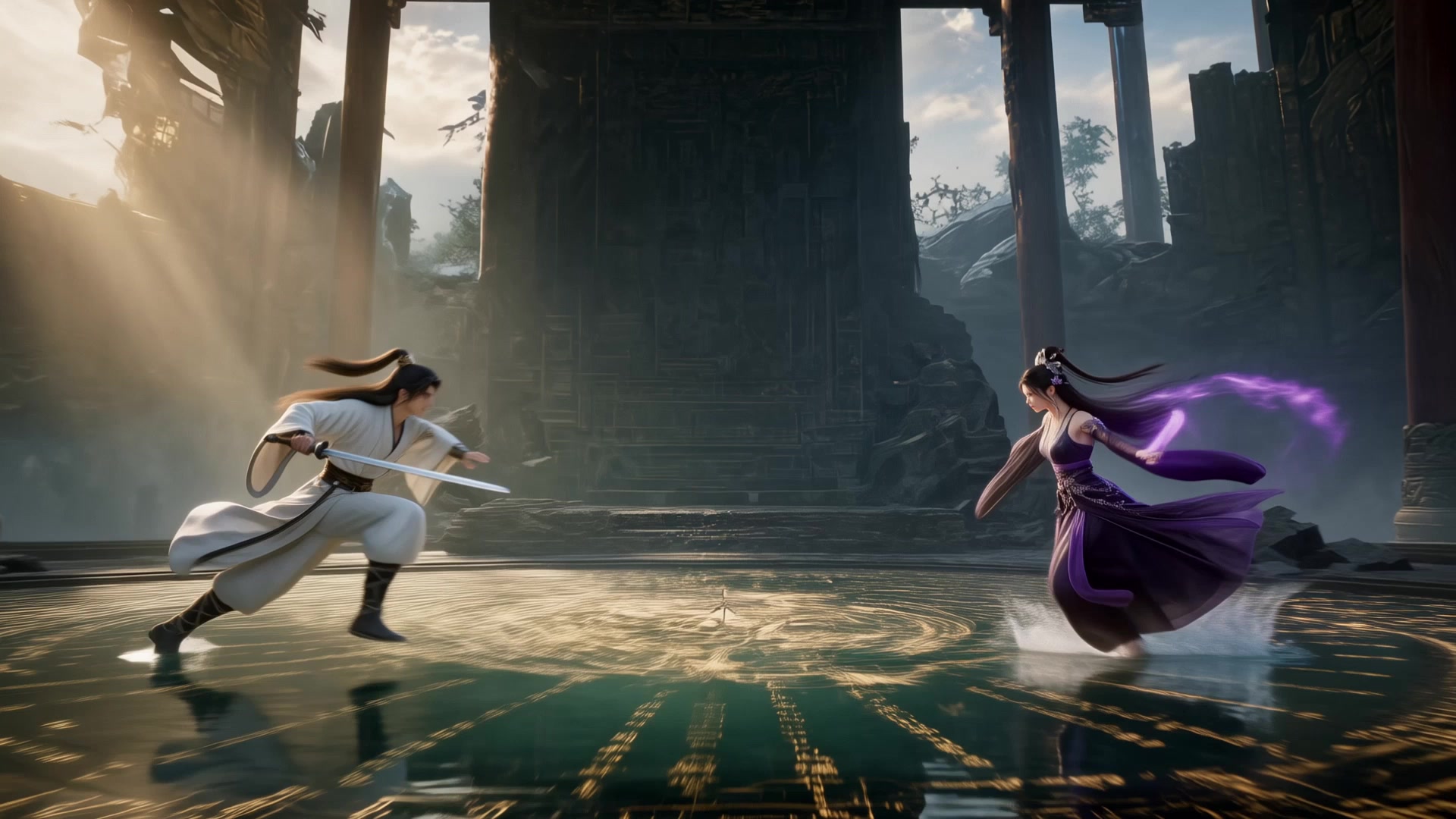 Two fantasy characters face off in a game-like scene