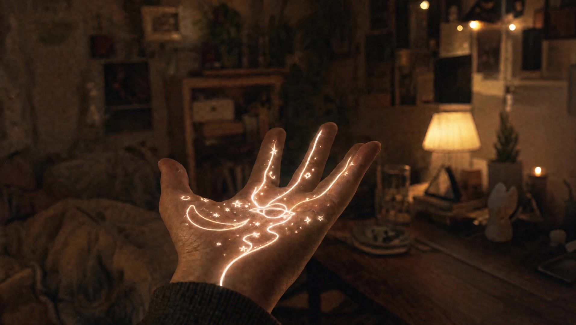 Glowing symbols appear across an open hand