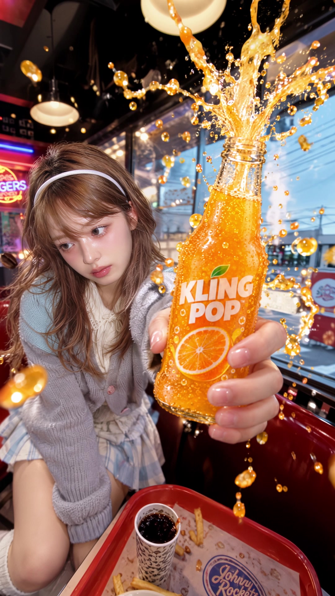 Orange soda bottle in a colorful advertisement
